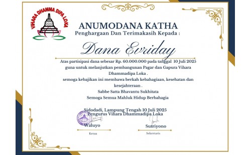 Dana Pembangunan Pagar Vihara Dhammadipa Lampung